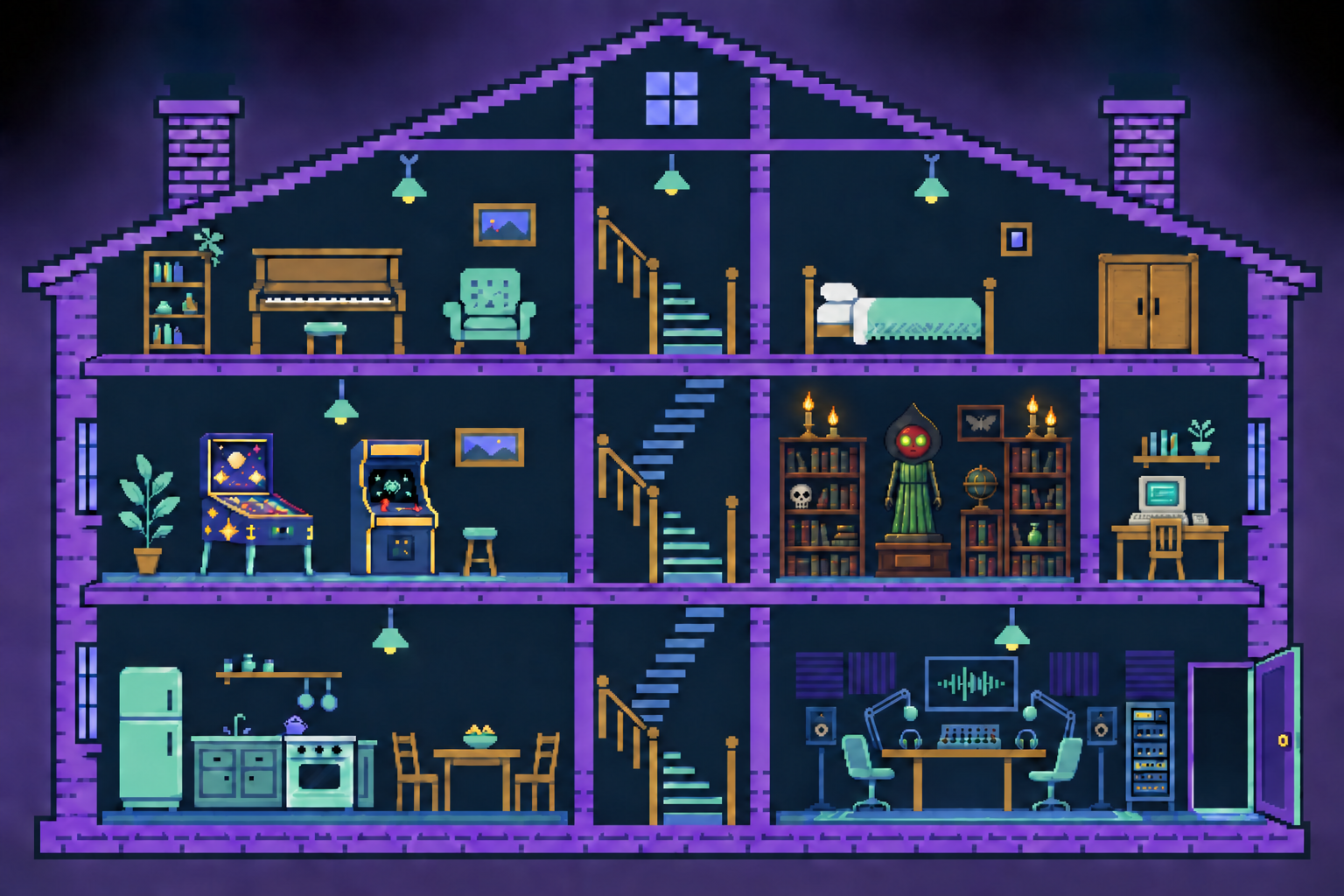 A pixel-art cutaway house with three floors, a kitchen, game room with pinball and arcade machines, podcast studio, The Study with candles and a Flatwoods Monster statue, Aaron's boudoir with a closet, The Music Room with a piano and computer desk with monitor, keyboard and chair