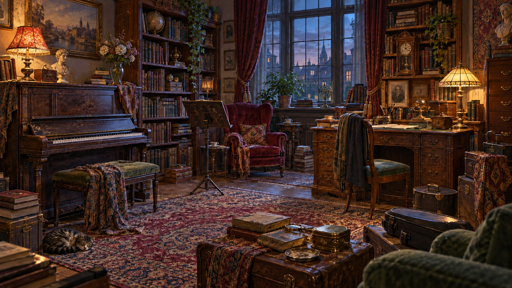 An antique music room with a piano, cello, bookcases, a desk and patterned fabrics.