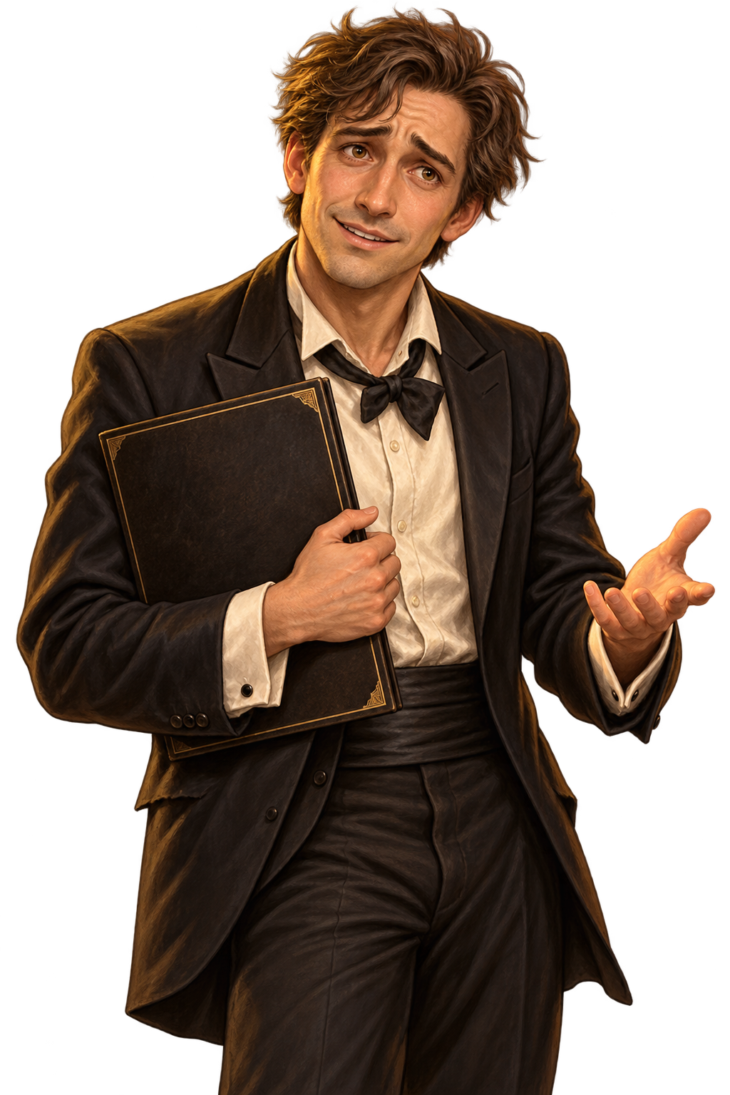 Pip, a worried man in a rumpled tuxedo, holding a music folder